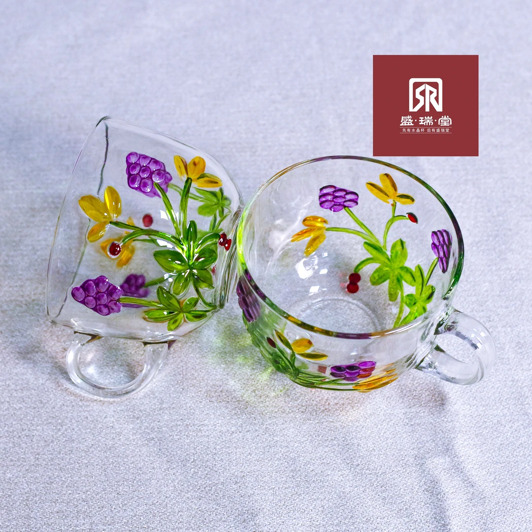 【盛瑞堂】拍一发二水晶葡萄纯人工手绘把手杯彩色玻璃早餐杯珐琅彩