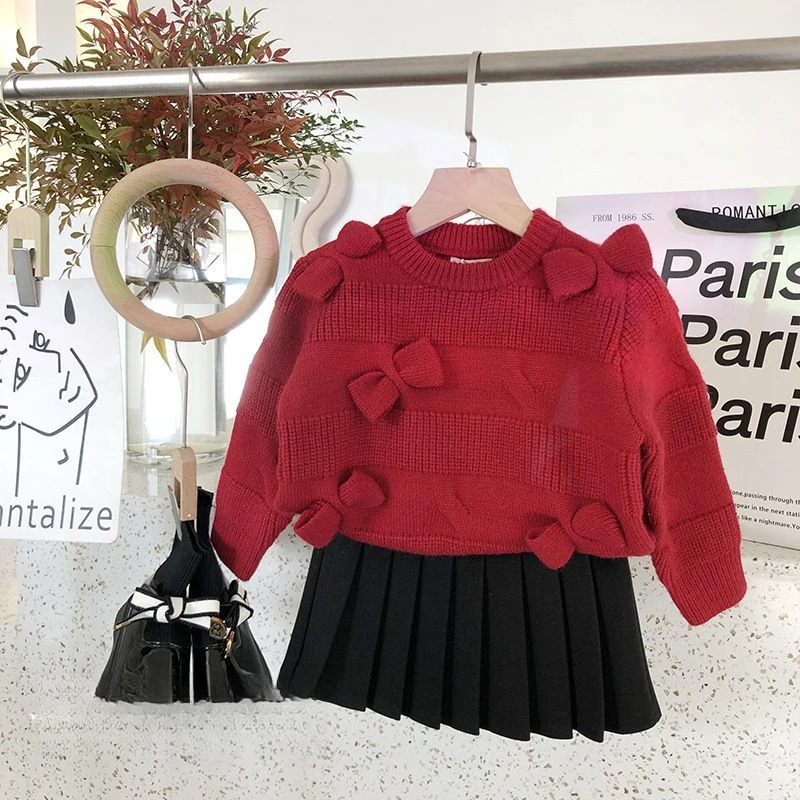 女童毛衣2023冬季新款儿童宝宝红色蝴蝶结洋气打底衫针织衫上衣厚