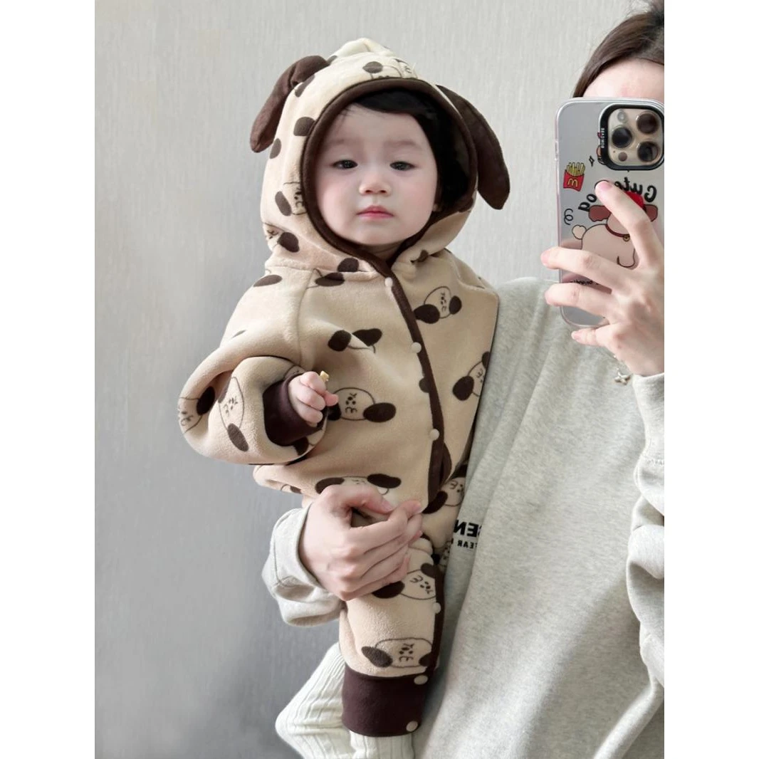 ins韩版婴儿秋冬款衣服双面绒卡通连帽连体衣男女宝保暖爬服儿童