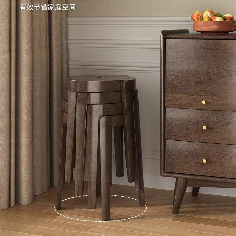 北欧简约实木凳子黑胡桃木圆凳可摞家用餐凳