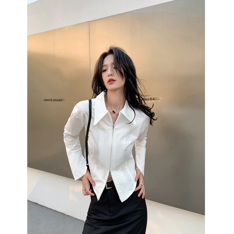 法式气质拉链白色百搭衬衫女短款设计感上衣内搭打底长袖衬衣显瘦
