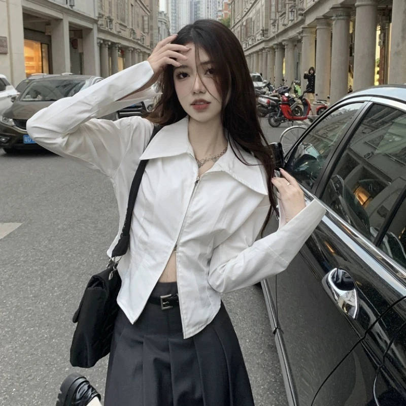 早春爆款法式显瘦气质拉链白色衬衫女春季百搭设计感短款别致衬衣
