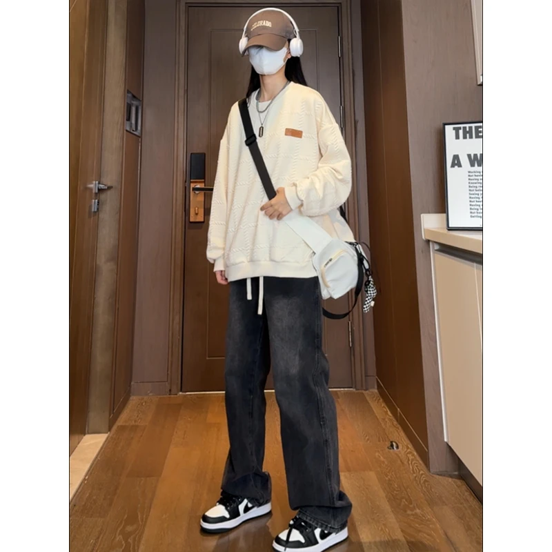 港风青春简约圆领卫衣男春秋季潮牌高街宽松上衣打底衫2024潮流