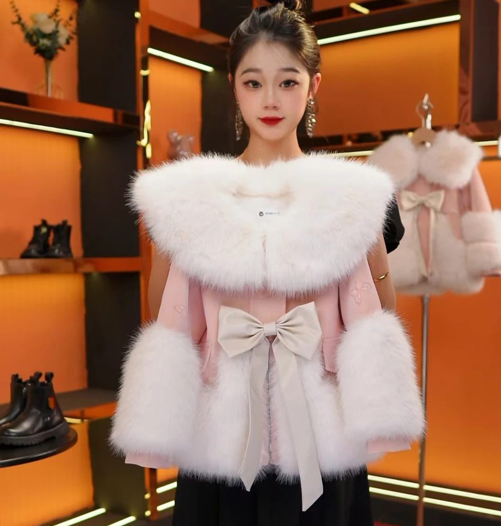 [MH 美画]1 2025新款秋冬女童卡通圆耳大毛领加绒皮毛一体草草