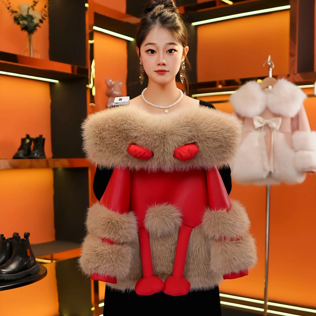 [MH 美画18]12024冬季女童立体卡通玩偶草草加棉加厚皮毛一体外套