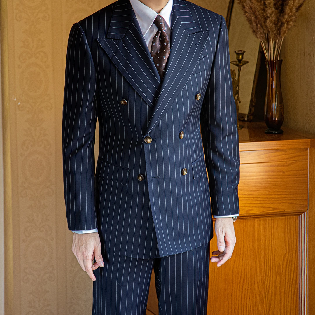 男士藏青条纹戗驳领意式四季款西装职业修身商务休闲收腰西服套装