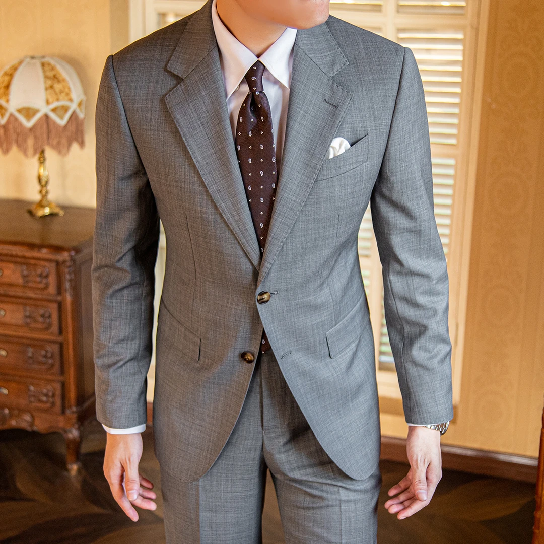 男士18°灰商务休闲四季款职业轻奢意式收腰结婚纯色潮流西服套装