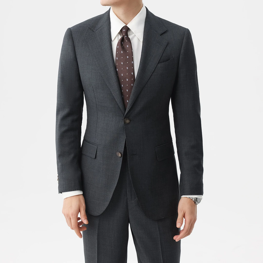 谷巢高定工艺男士鸟眼纹西服商务休闲单排扣收腰总裁西装薄款套装