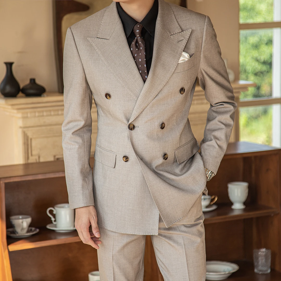 谷巢男士戗驳领高定双排扣修身意式西装休闲英伦风雅痞西服套装
