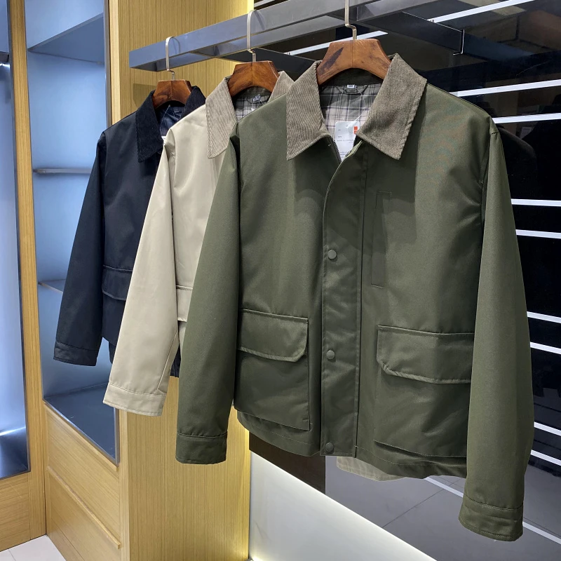 情侣款！日单设计师线！秋季水洗粗纱卡美式宽松工装翻领夹克外套