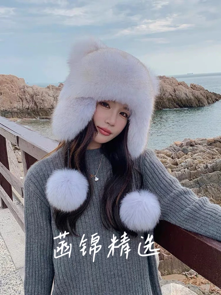 整皮狐狸皮可爱猫耳帽护耳冬季保暖狐狸尾巴时尚帽子防寒保暖帽
