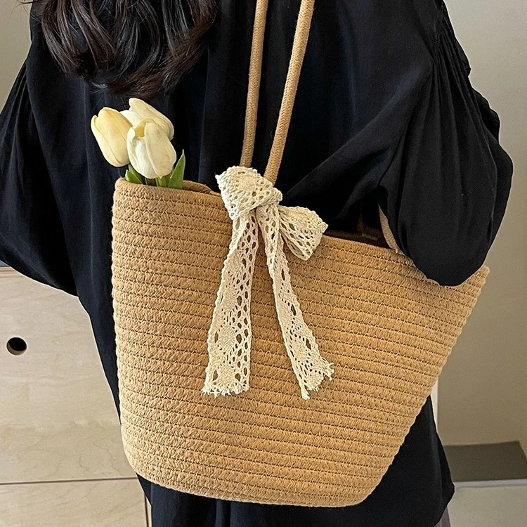 L便捷单肩手提包棉绳草编包女款新款海边潮流包托特包百搭ins风