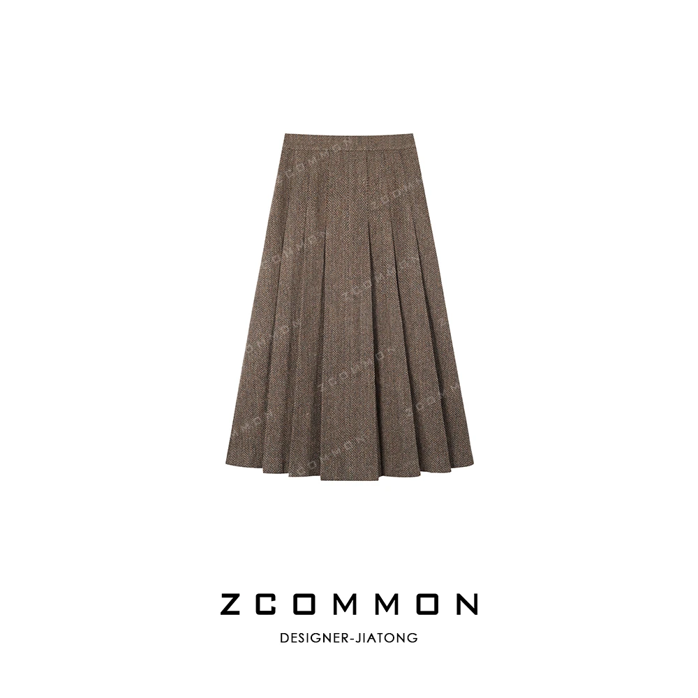 Z common秋冬磨毛气质显瘦设计款格纹百褶长裙半身裙 2408031