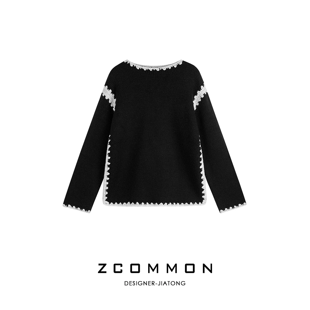 Z common手工钩花圆领毛衣撞色缝线设计感时尚气质针织2305054