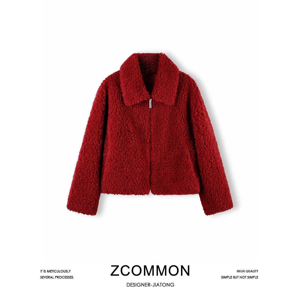 Z common毛绒感厚款复古高级感全绵羊毛颗粒绒翻领拉链2306050