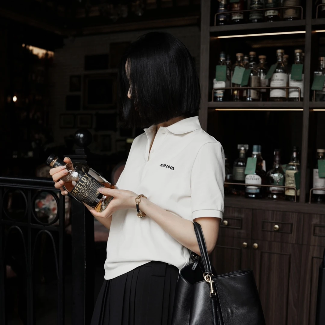 Z common高级感休闲宽松百搭polo领设计感字母刺绣短袖t恤2402003