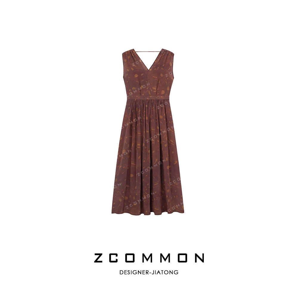 Z common设计款气质复古印花露背时尚轻奢优雅连衣裙 2409034