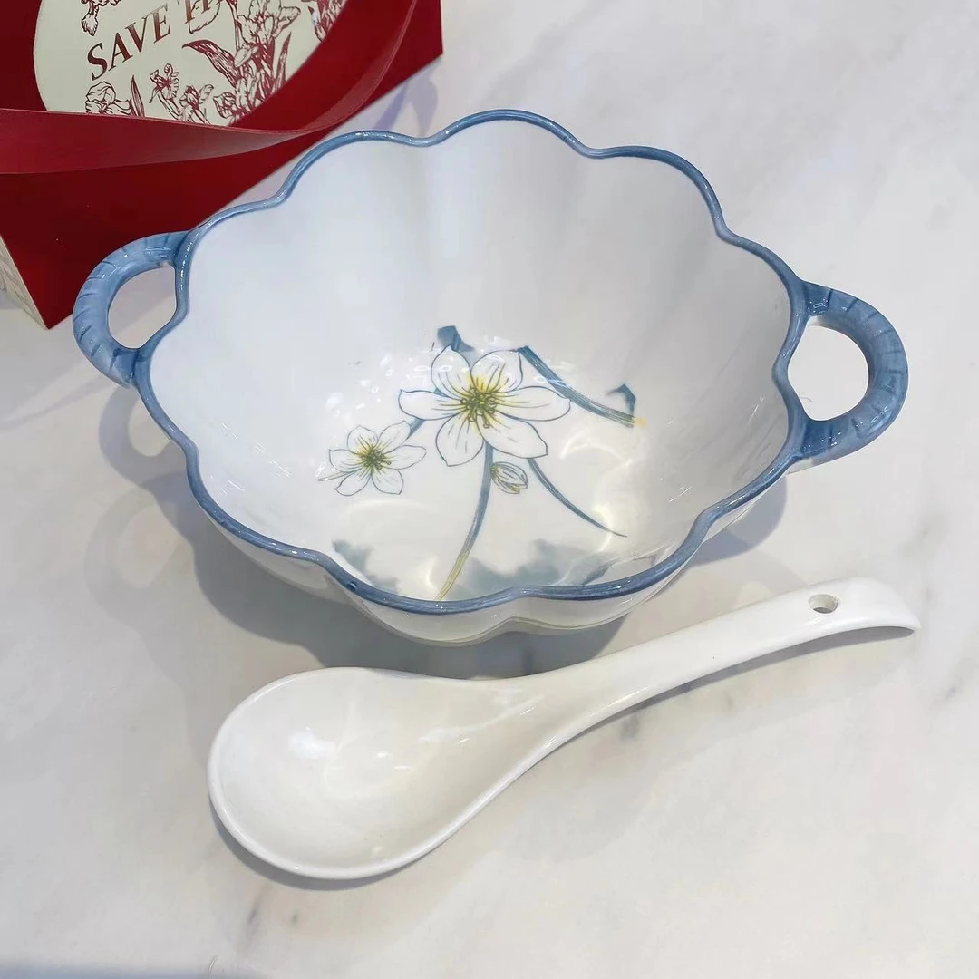 【大汤碗+勺】水仙花大容量汤碗勺陶瓷家用汤勺双耳餐具组合
