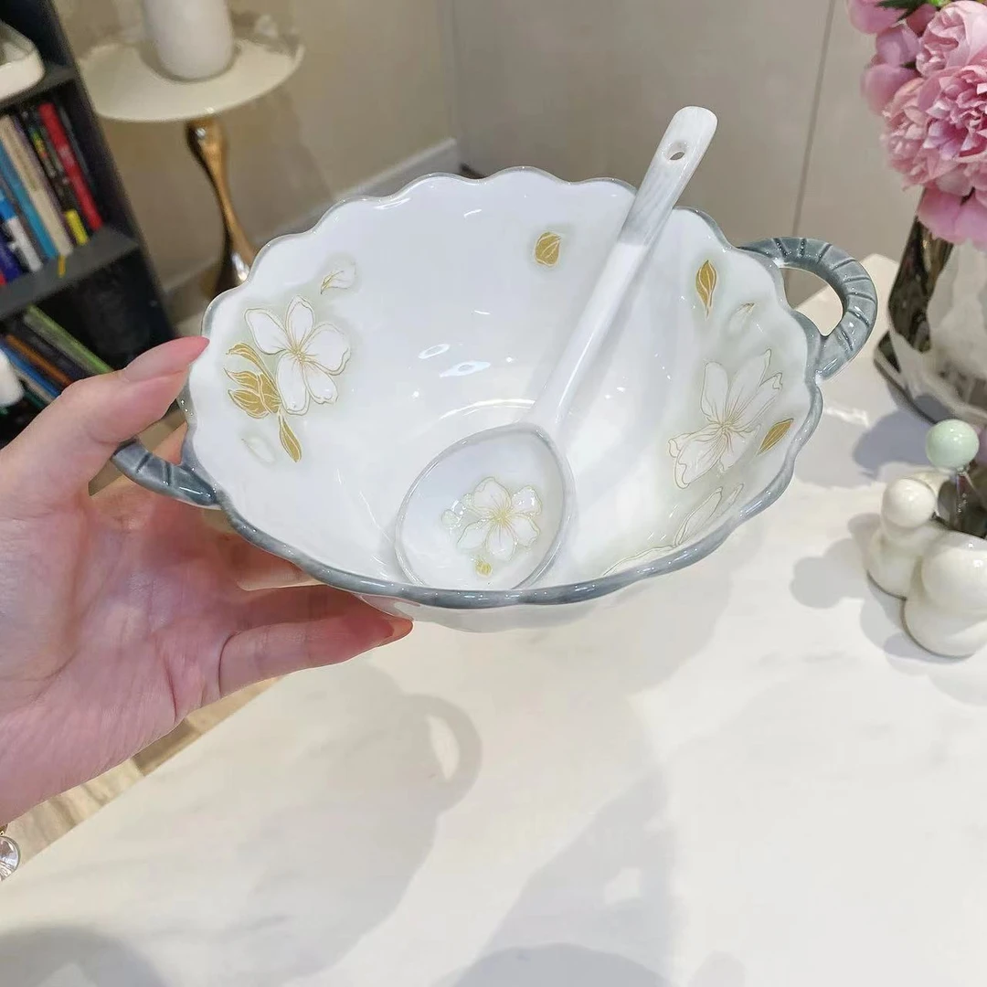 【7.5英寸双耳花边碗+勺】黄金叶家用碗套装陶瓷大面碗勺