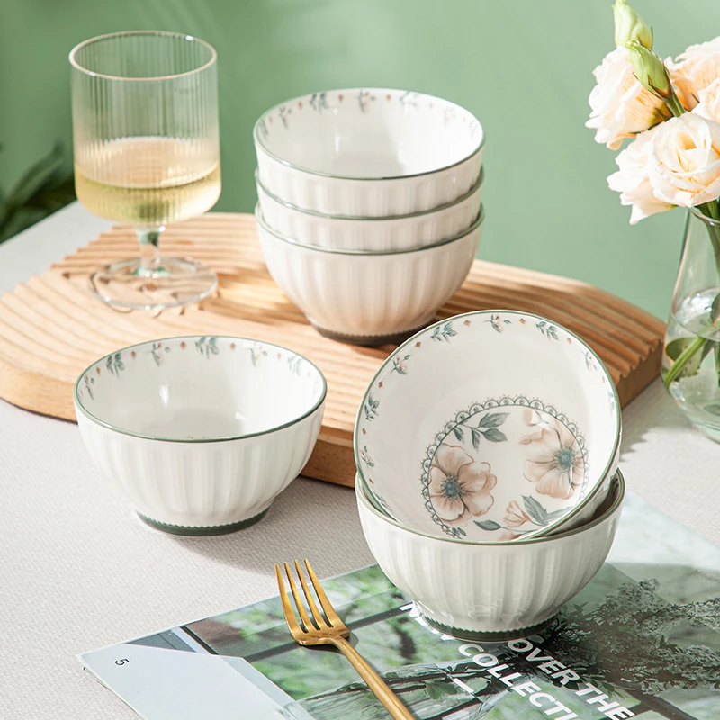 夏茉陶瓷碗家用小清新吃饭碗盘加厚防烫碗碟套装