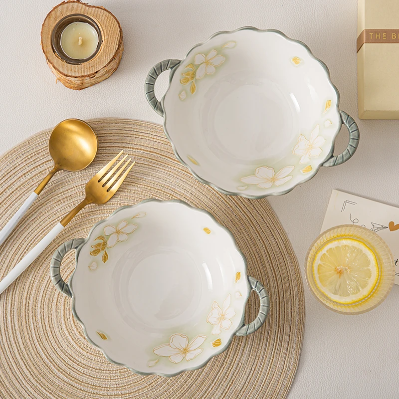 【黄金叶双耳面碗2碗2勺】高颜值家用泡面碗双耳碗创意甜品碗