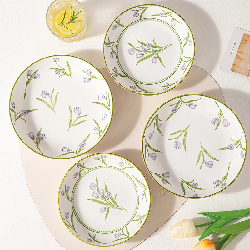 郁金香陶瓷圆盘菜盘家用陶瓷餐盘水果盘简约创意餐具盘子