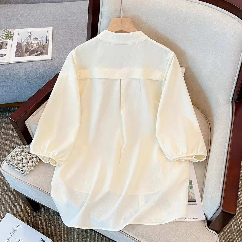 大码女装夏季中长款遮屁股雪纺衬衫胖mm显瘦遮肚藏肉七分短袖上衣