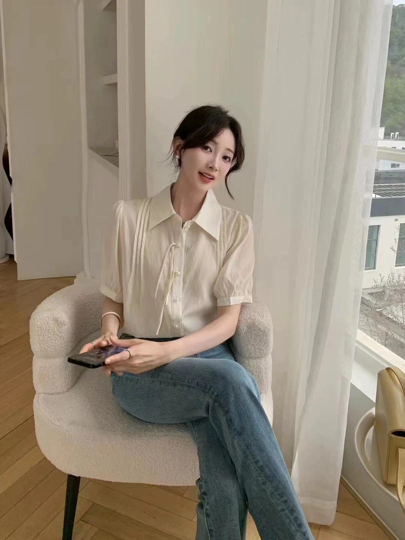 2024新别致衬衣女夏设计感小众别致法式上衣收腰短袖衬衫超逸世家