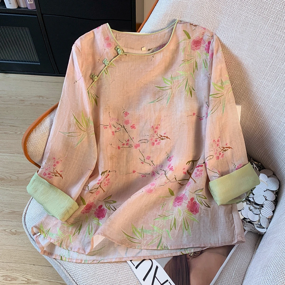 新款长袖喜上眉梢改良式国风数码印花新款棉麻宽松中式圆领小衫