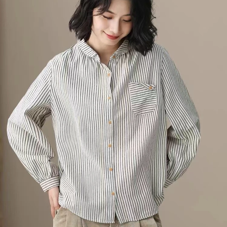 春季新款彼得潘领复古棉麻长袖衬衫条纹衬衫女文艺春秋款打底上衣