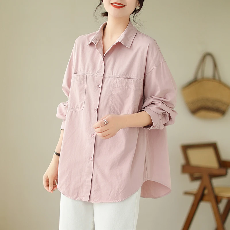 秋季纯棉衬衫外套女翻领休闲百搭宽松显瘦韩版文艺衬衣外套