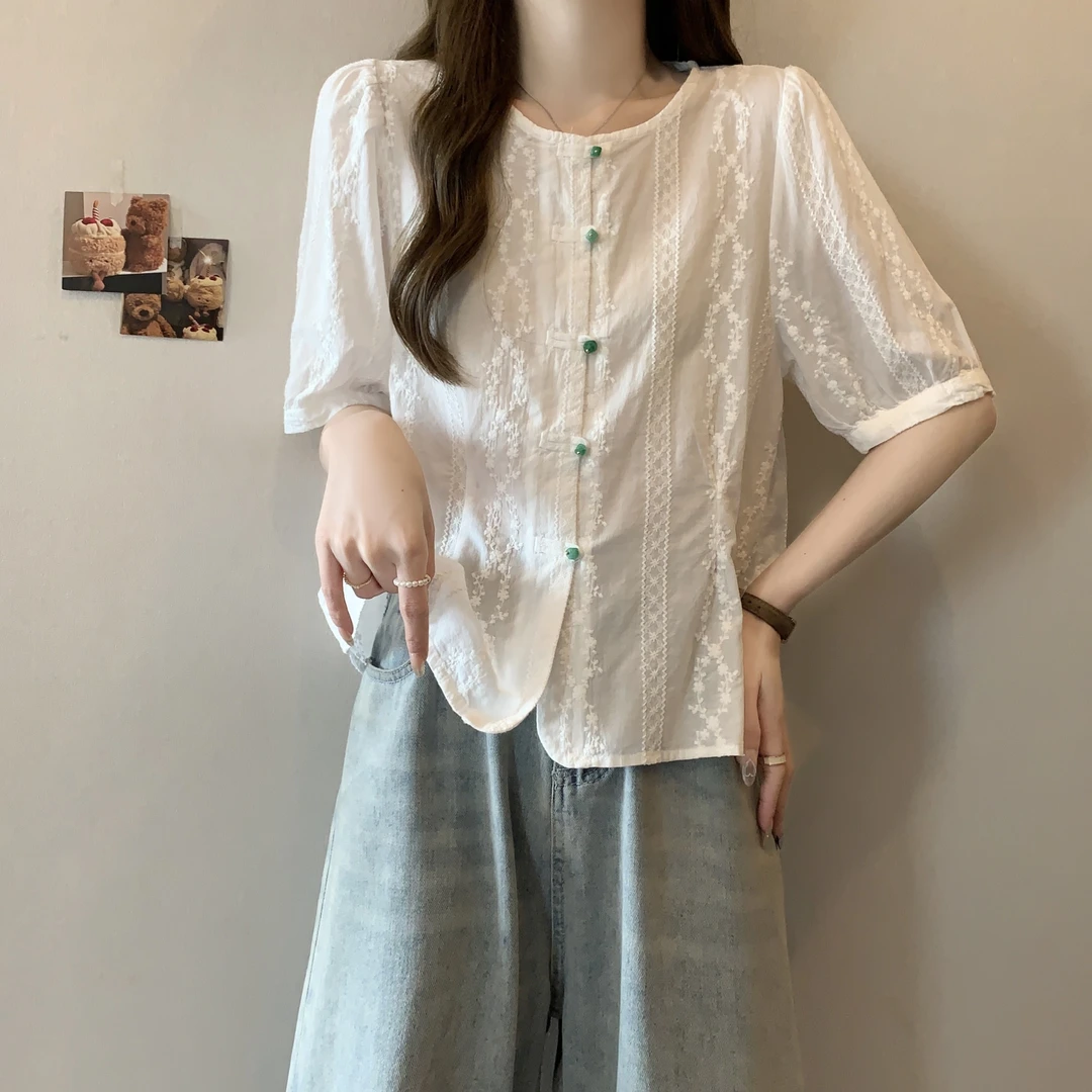 大码胖mm夏季新款宽松法式甜美圆领刺绣棉质短袖娃娃衫上衣