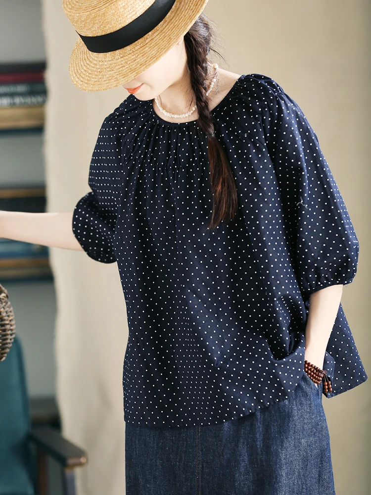 夏季波点棉麻印花显瘦气质衬衫女宽松五分袖通勤百搭减龄上衣