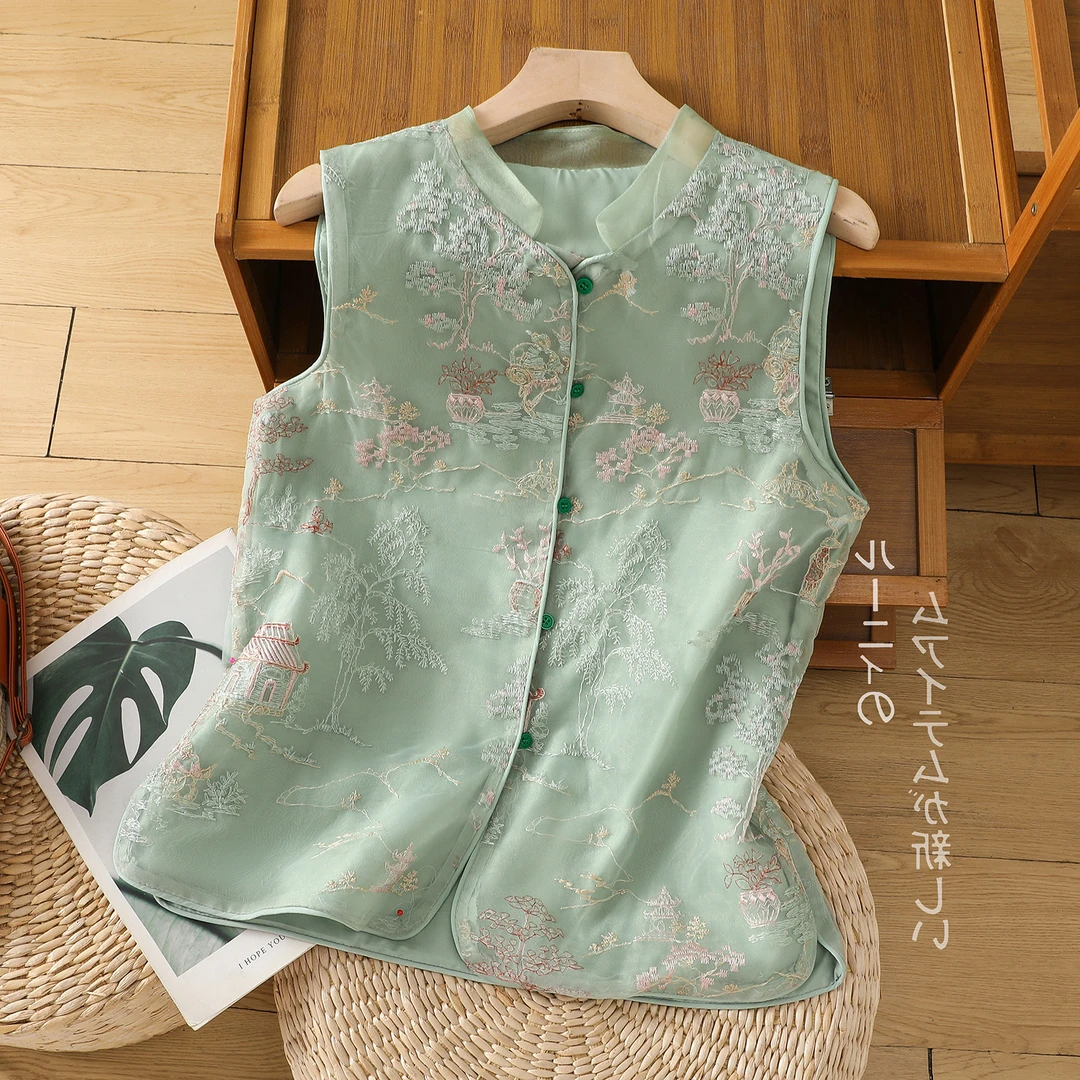 高端重工刺绣马甲背心女春夏装新中式国风欧根纱坎肩外套上衣马夹
