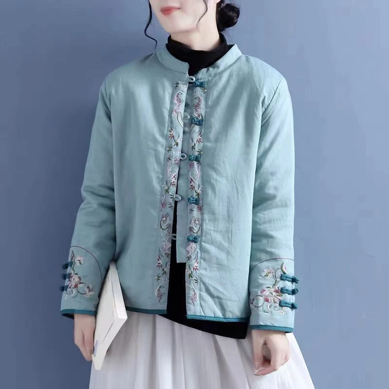 冬新款中国风棉麻绣花棉服女复古盘扣立领对襟棉衣中式厚外套棉服