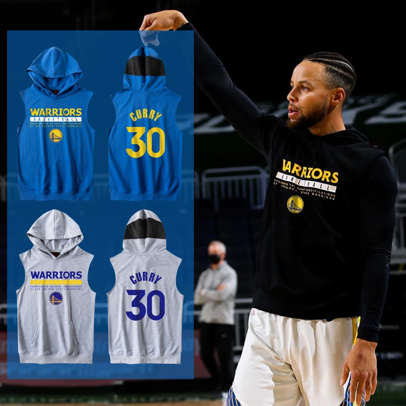 勇士curry库里篮球训练服连帽无袖卫衣 春秋汤普森运动坎肩棉帽衫