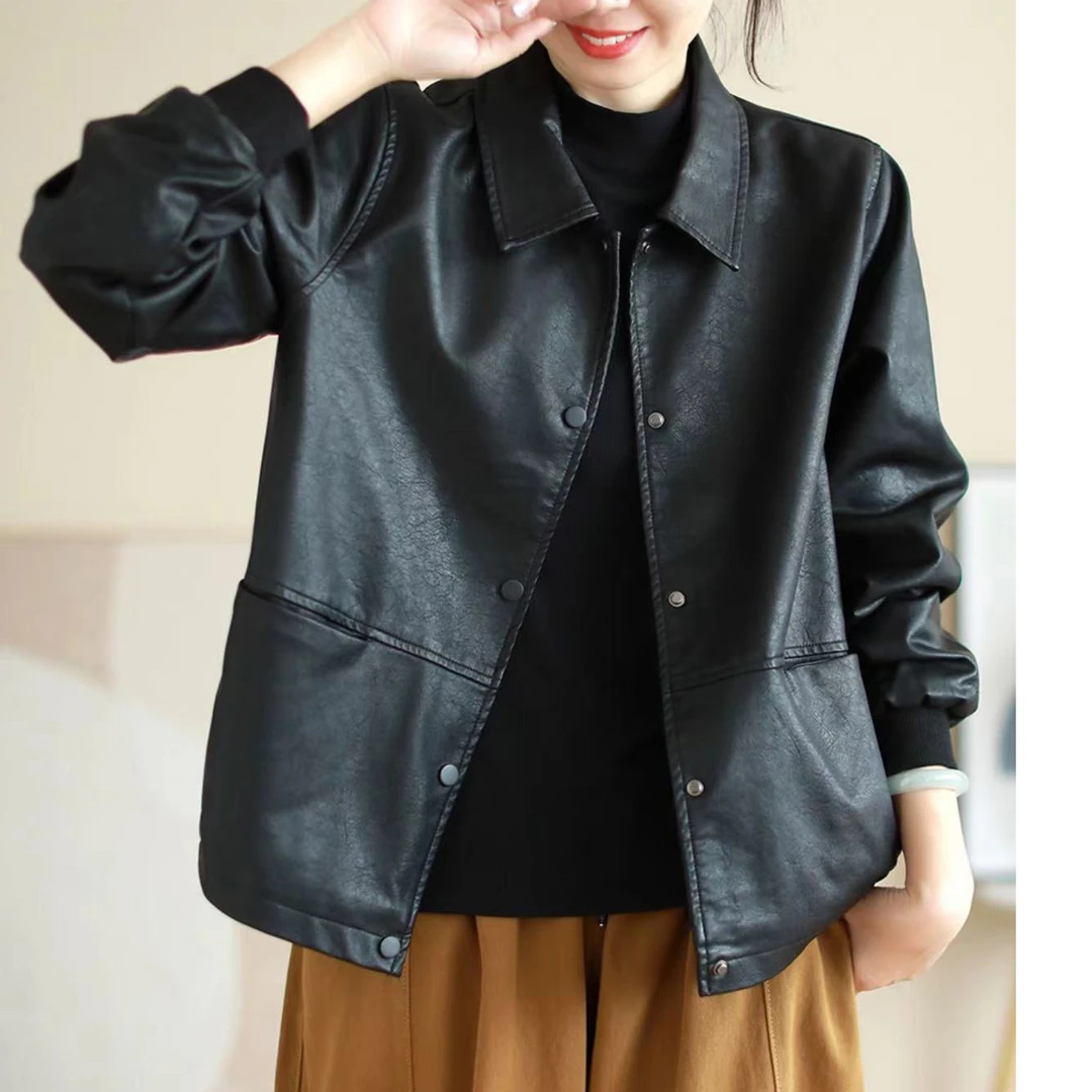 黑色皮衣外套女宽松显瘦春春装新款翻领pu皮机车服港风夹克上衣潮