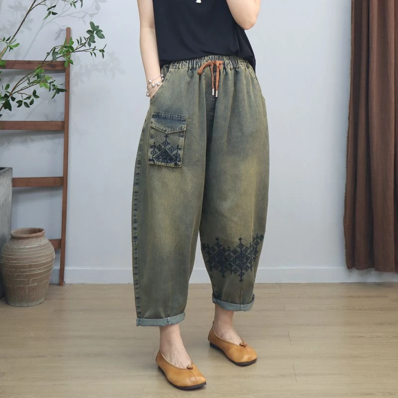 复古做旧刺绣牛仔哈伦裤女 2025年夏季新款松紧腰九分宽松休闲裤