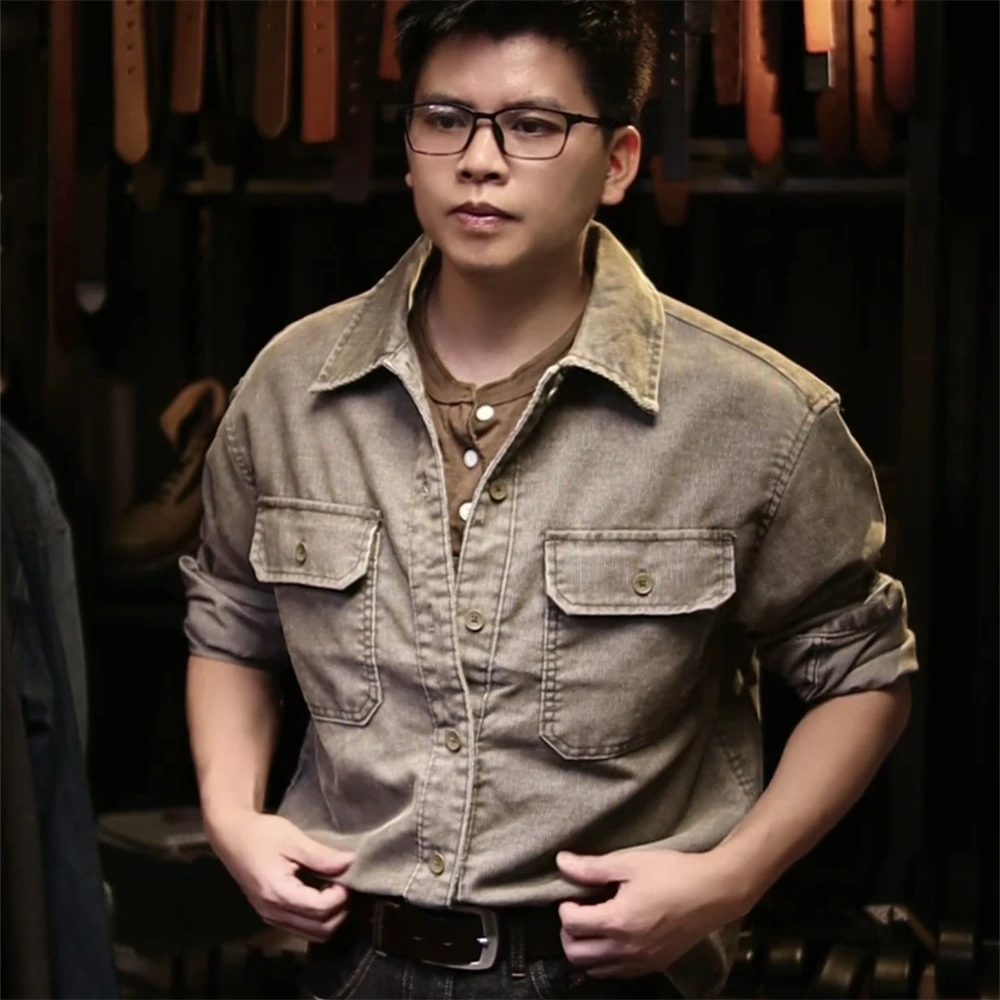 美式重磅灯芯绒长袖衬衫男工装外套复古做旧秋季男款宽松休闲夹克