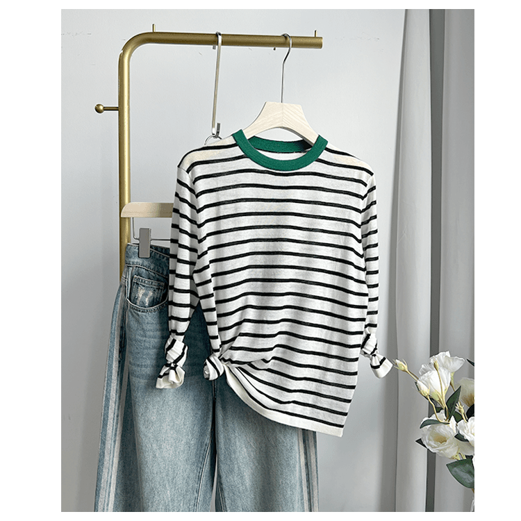 <松弛感>撞领经典条纹T恤女长袖秋季新款针织羊绒衫简约清新百搭