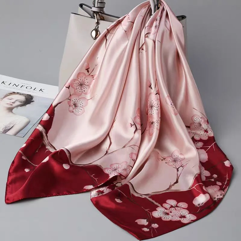 F010 桃之夭夭 时尚百搭优雅高级方巾秋季披肩印花女士丝巾防嗮