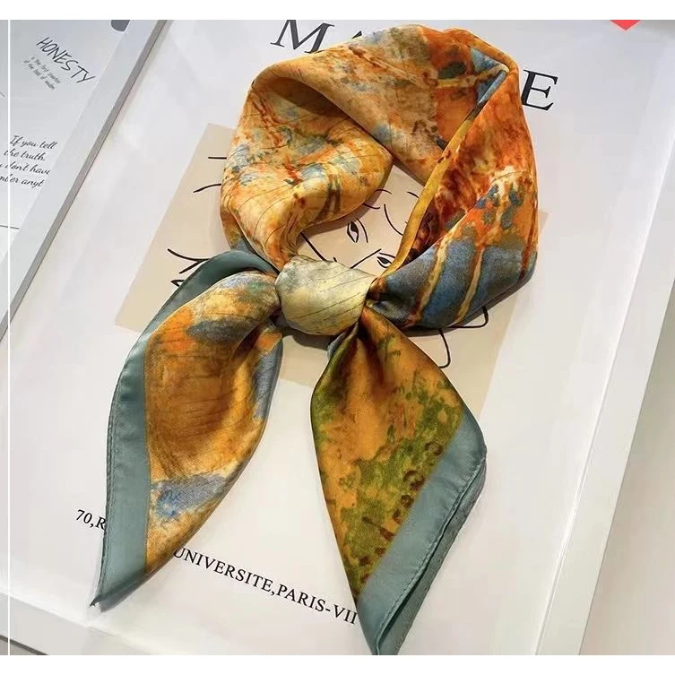 210e油画小方巾 丝巾女春秋冬季妈妈搭配衬衣护颈围脖子围巾