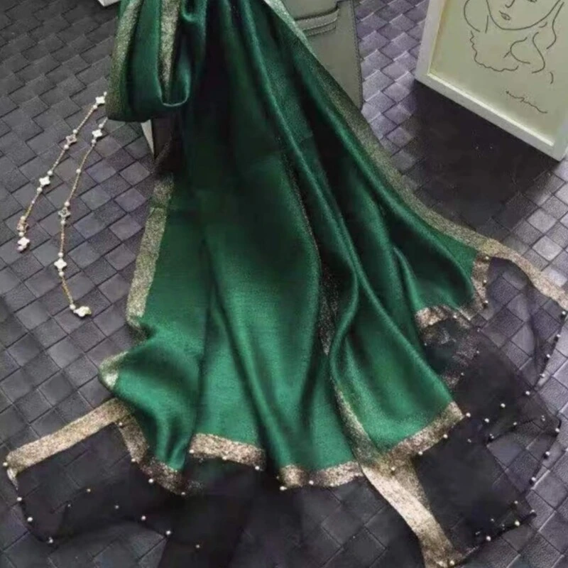 春夏新款 绿色 微瑕 纯色钉珠 百搭围巾 时尚披肩 送礼长巾