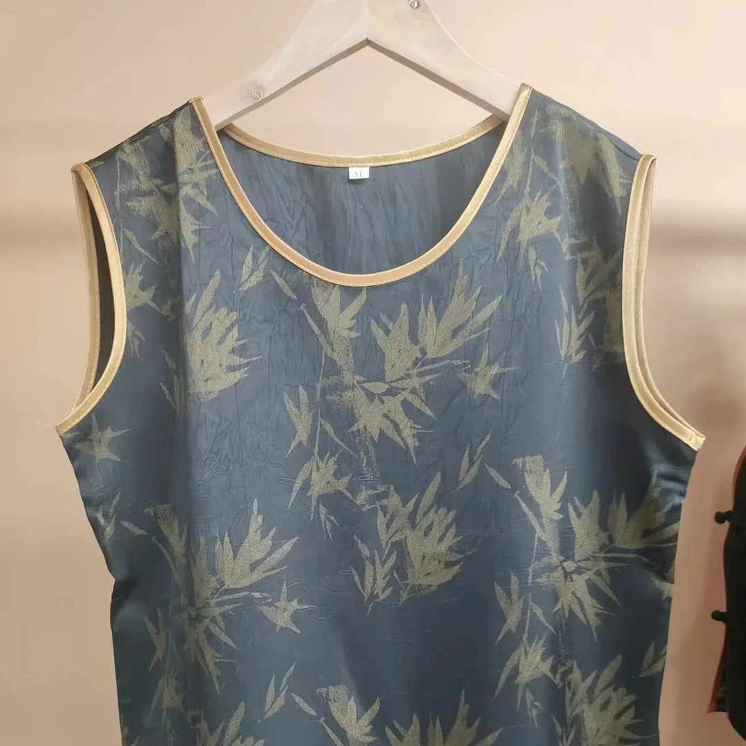 时尚夏季复古印花无袖国潮提花运动休闲宽松潮流中式竹叶背心