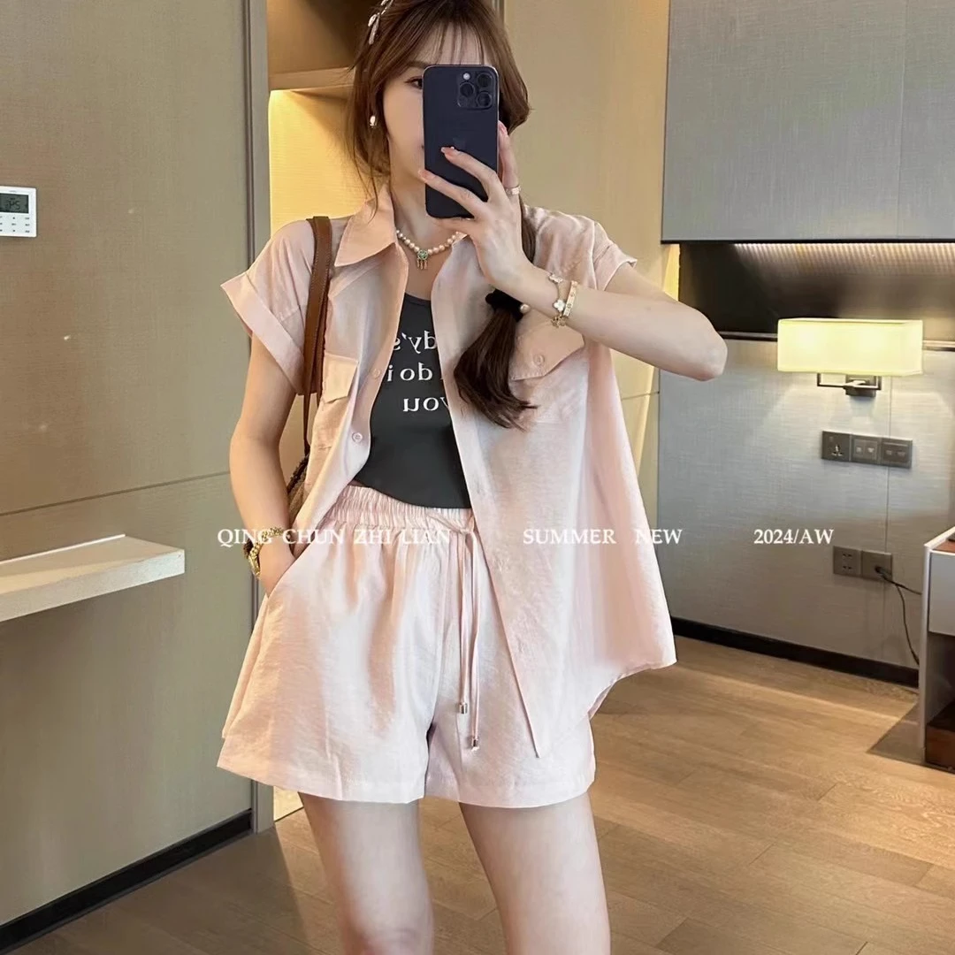 十三行2025新款韩版小众短袖防晒衬衫吊带背心松紧腰短裤三件套装