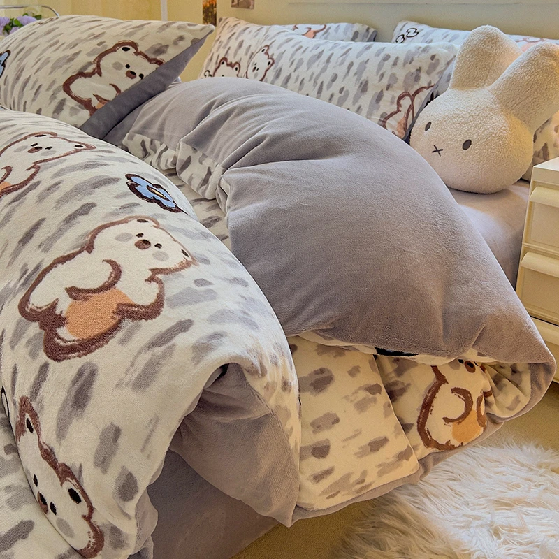 卡通牛奶绒四件套床上珊瑚法兰绒面被罩套床笠床单冬季床品三件套