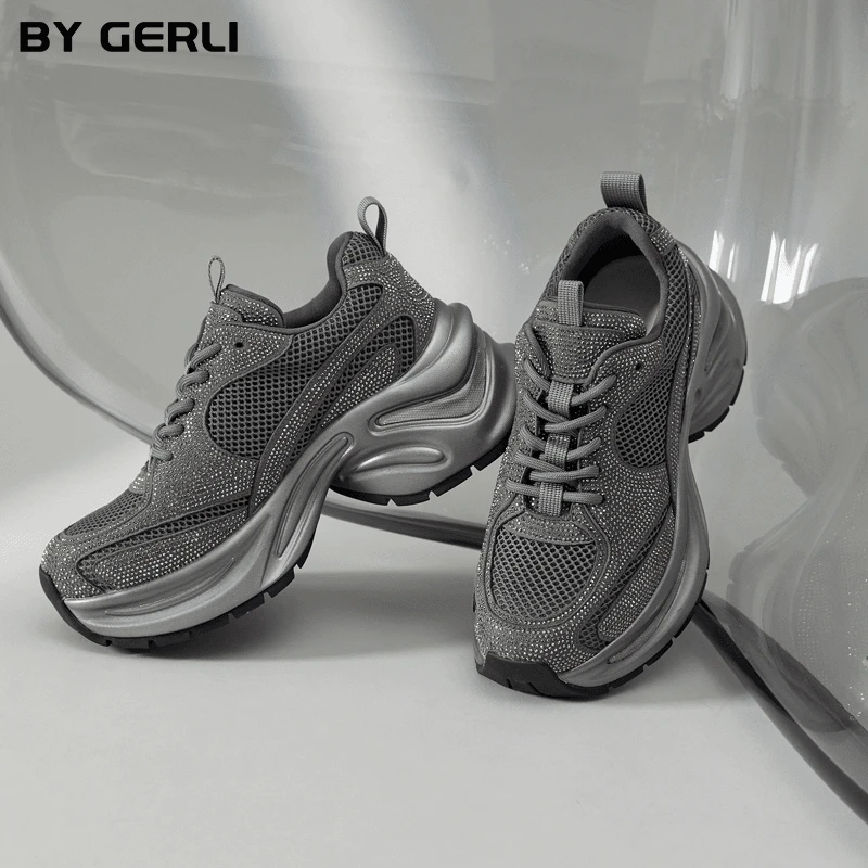 BY GERLI新款厚底增高女鞋老爹钻鞋2025秋冬百搭透休闲