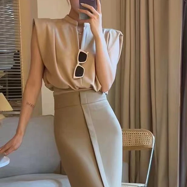 氛围复古港风韩系夏装女装纯色显瘦时尚百搭V领收腰背心T恤T029