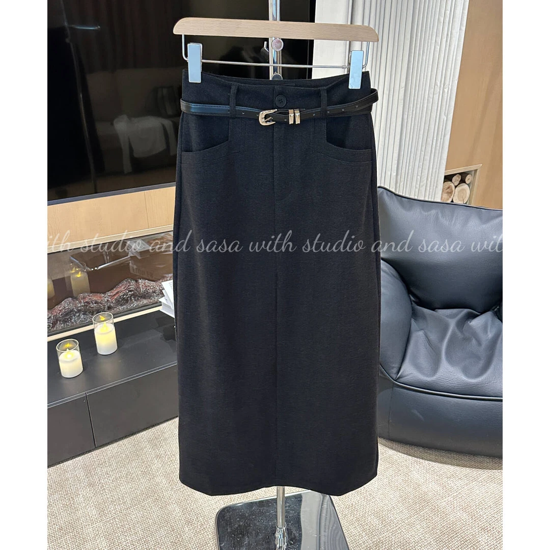 高级灰气质高腰时尚显瘦直筒裙开叉中长裙半身裙 9930