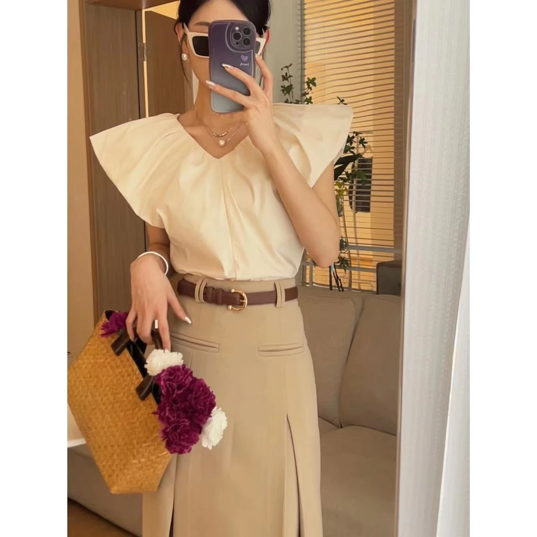 SASA 法式夏季V领别致褶皱压褶设计感显瘦小飞袖衬衫上衣C229